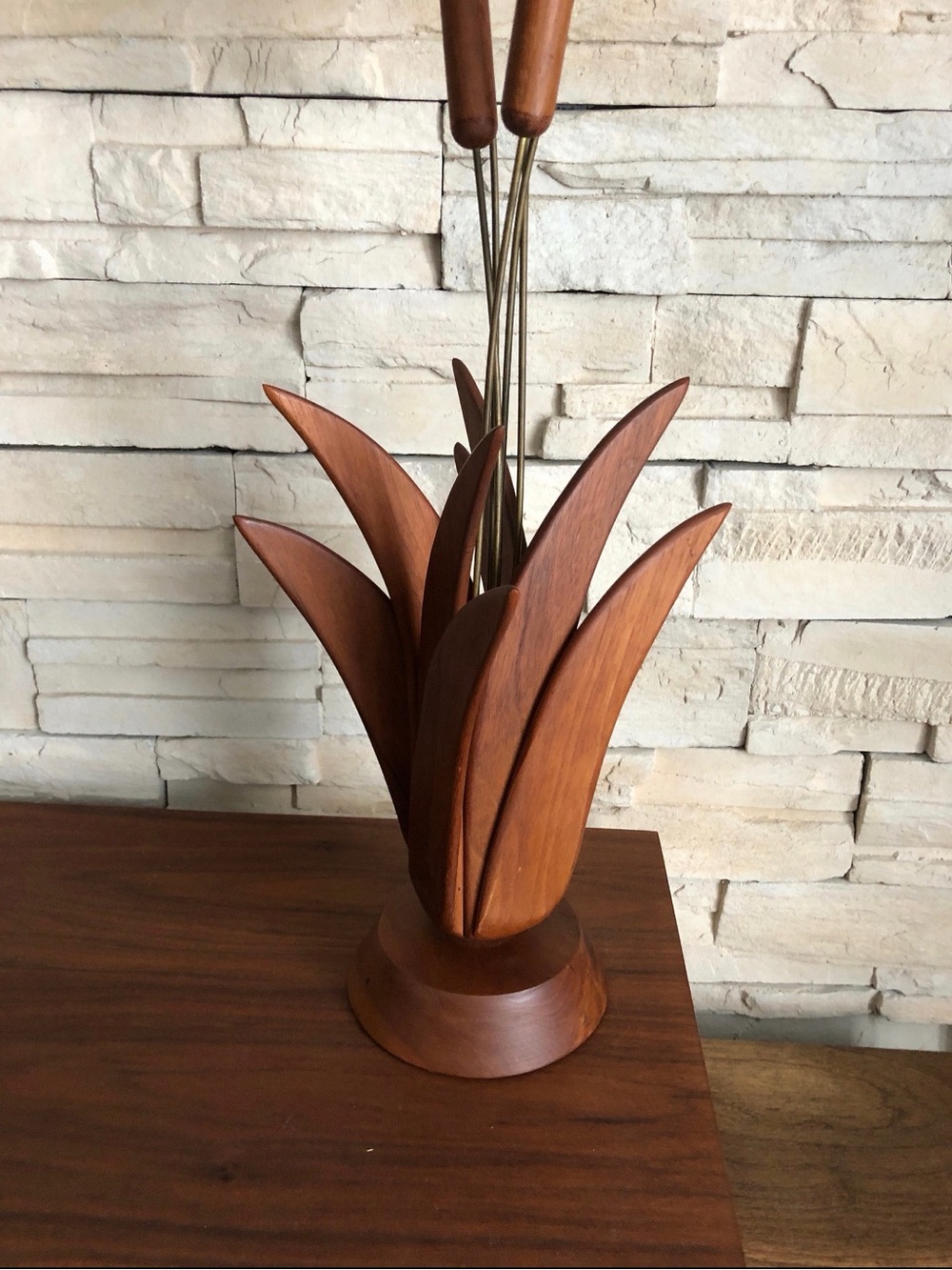 Stunning Rare Mid Century Modern Teak and Brass Cattail Sculpture - Picture 6 of 6